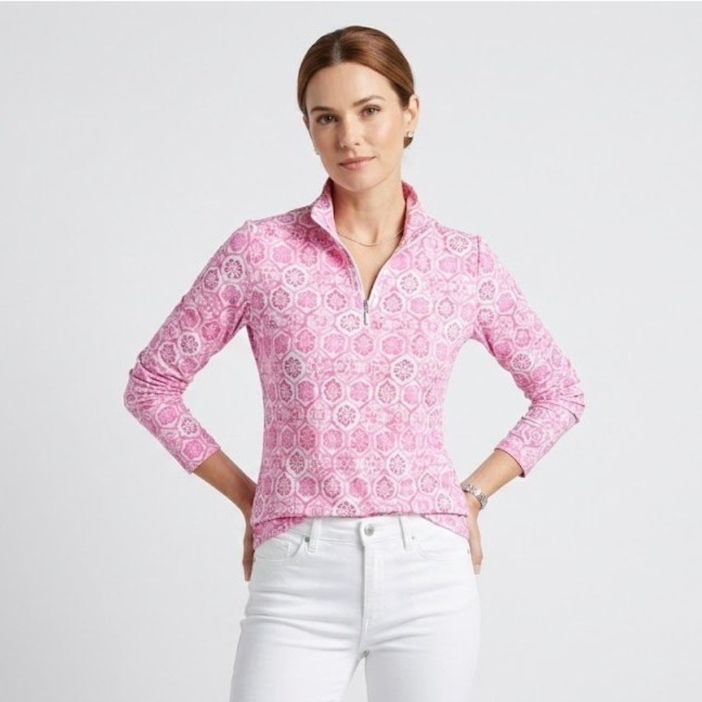 IBKÜL Quarter Zip Pullover Womens Medium Pink Geometric Tile Print UPF 50+